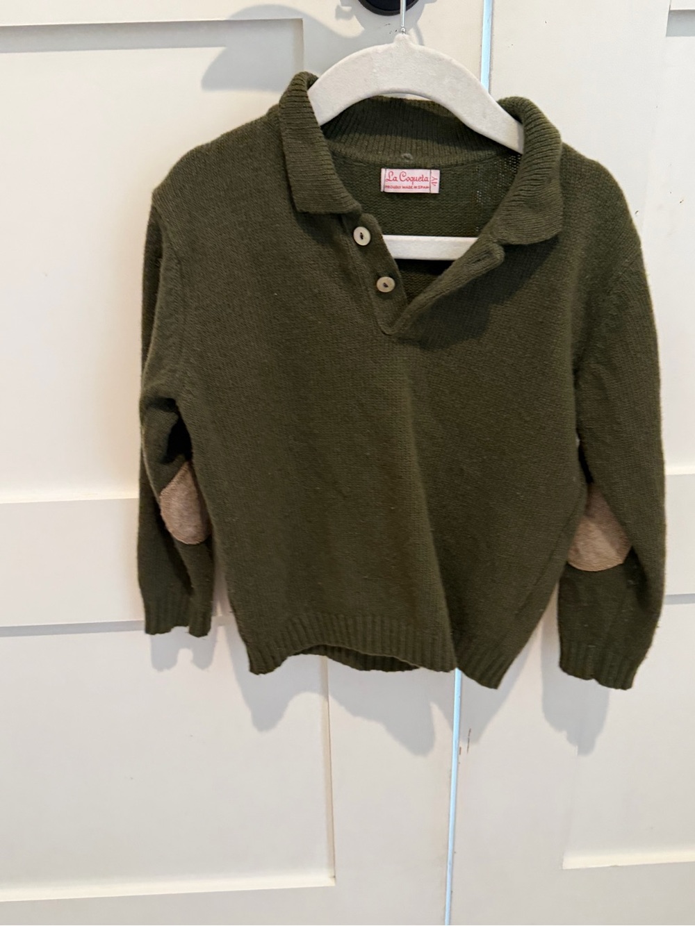 La Coqueta Olive Green Collared Kids Sweater with Tan Elbow Patches